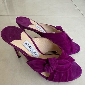 JIMMY CHOO PURPLE HEELS Madeline Keely Suede Bow 100mm Slide Sandal Heels, 38 M½